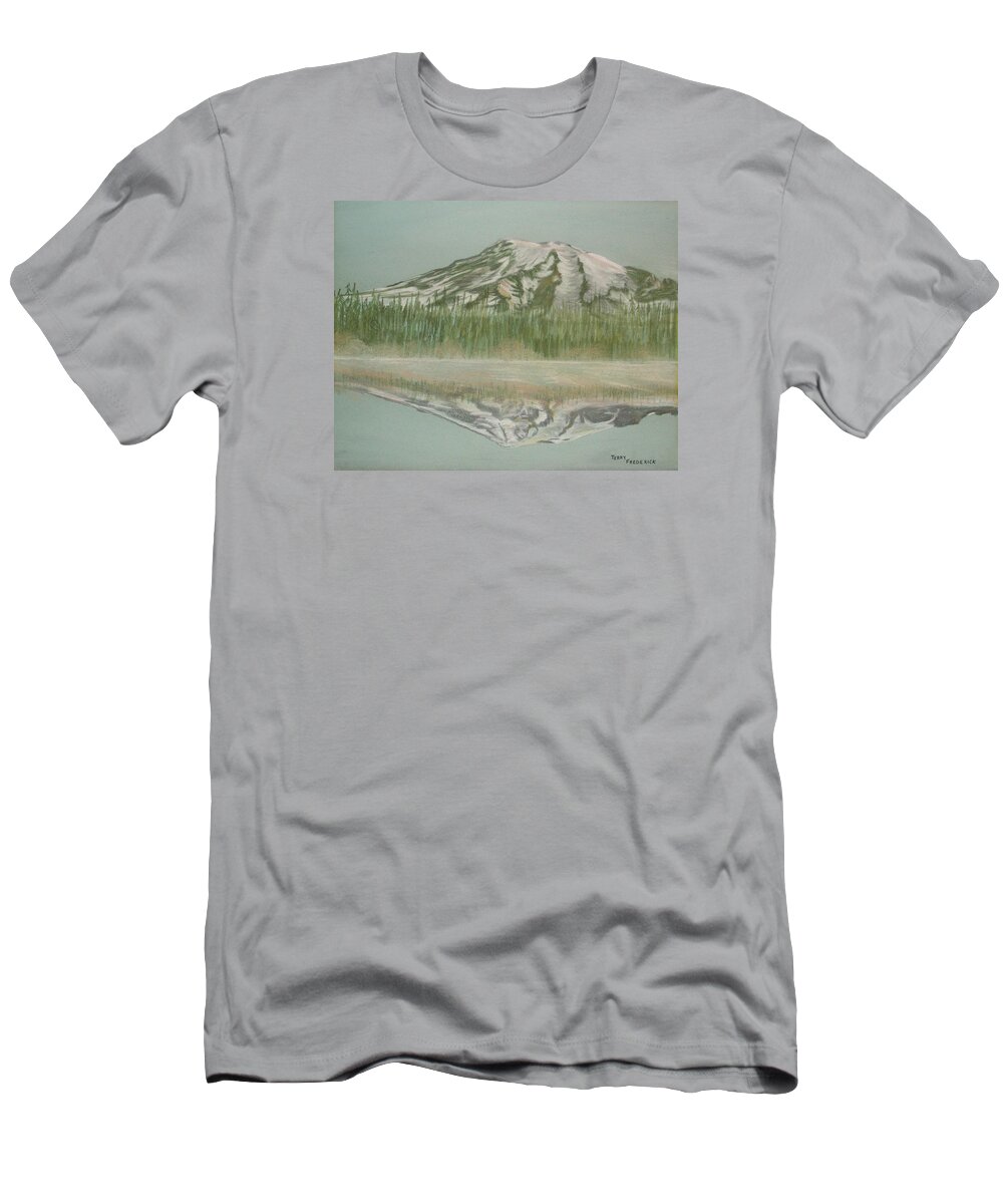 Reflection Lake T-Shirt featuring the pastel Mt Rainier by Terry Frederick