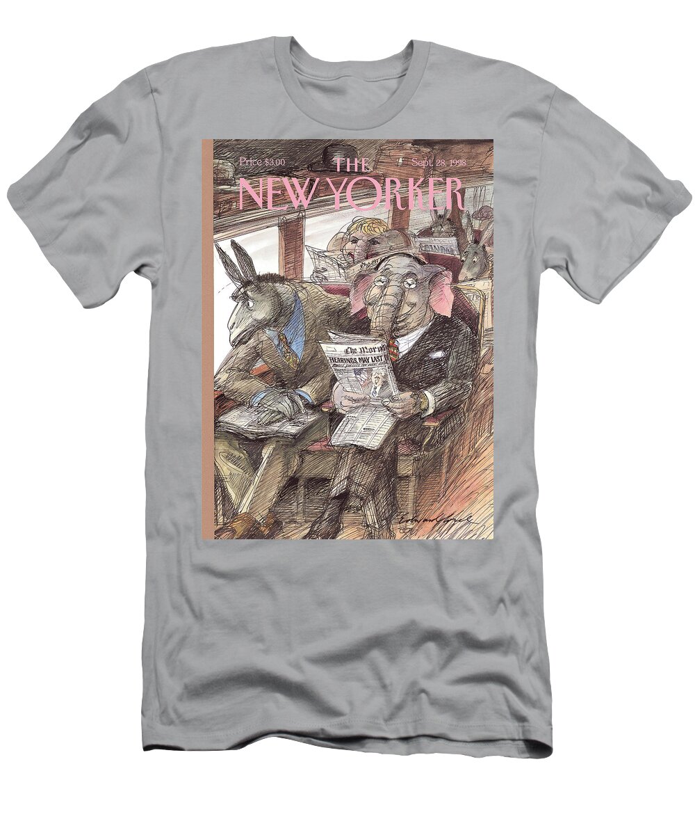 All The News Unfit To Print Artkey 50959 Eso Edward Sorel T-Shirt featuring the painting New Yorker September 28th, 1998 by Edward Sorel