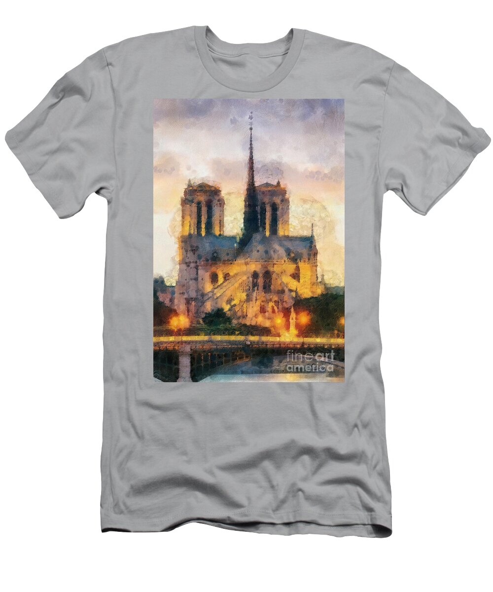 Notre Dame De Paris T-Shirt featuring the painting Notre Dame de Paris by Mo T
