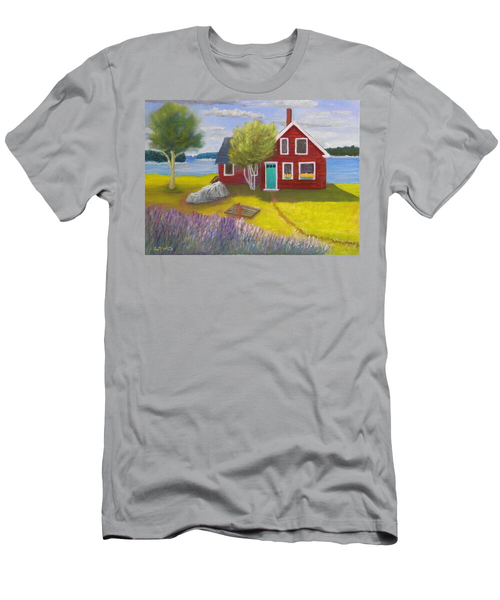 Landscape Seascape Cottage Lupine Deer Isle Ocean Inlet Rocky Coast Well Flowers T-Shirt featuring the painting Ocean Cottage #1 by Scott W White