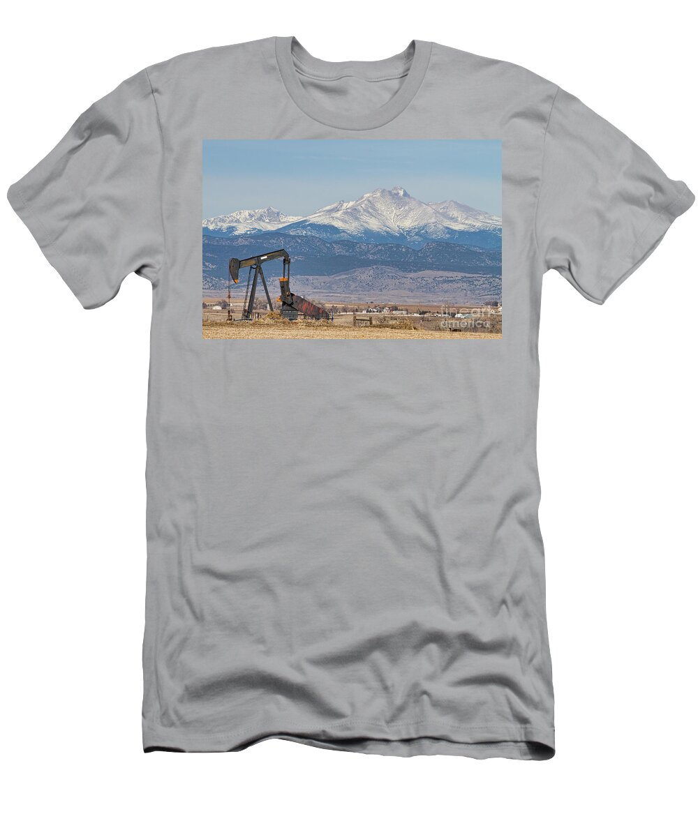 Colorado T-Shirt featuring the photograph Oil Well Pumpjack and Snow Dusted Longs Peak by James BO Insogna