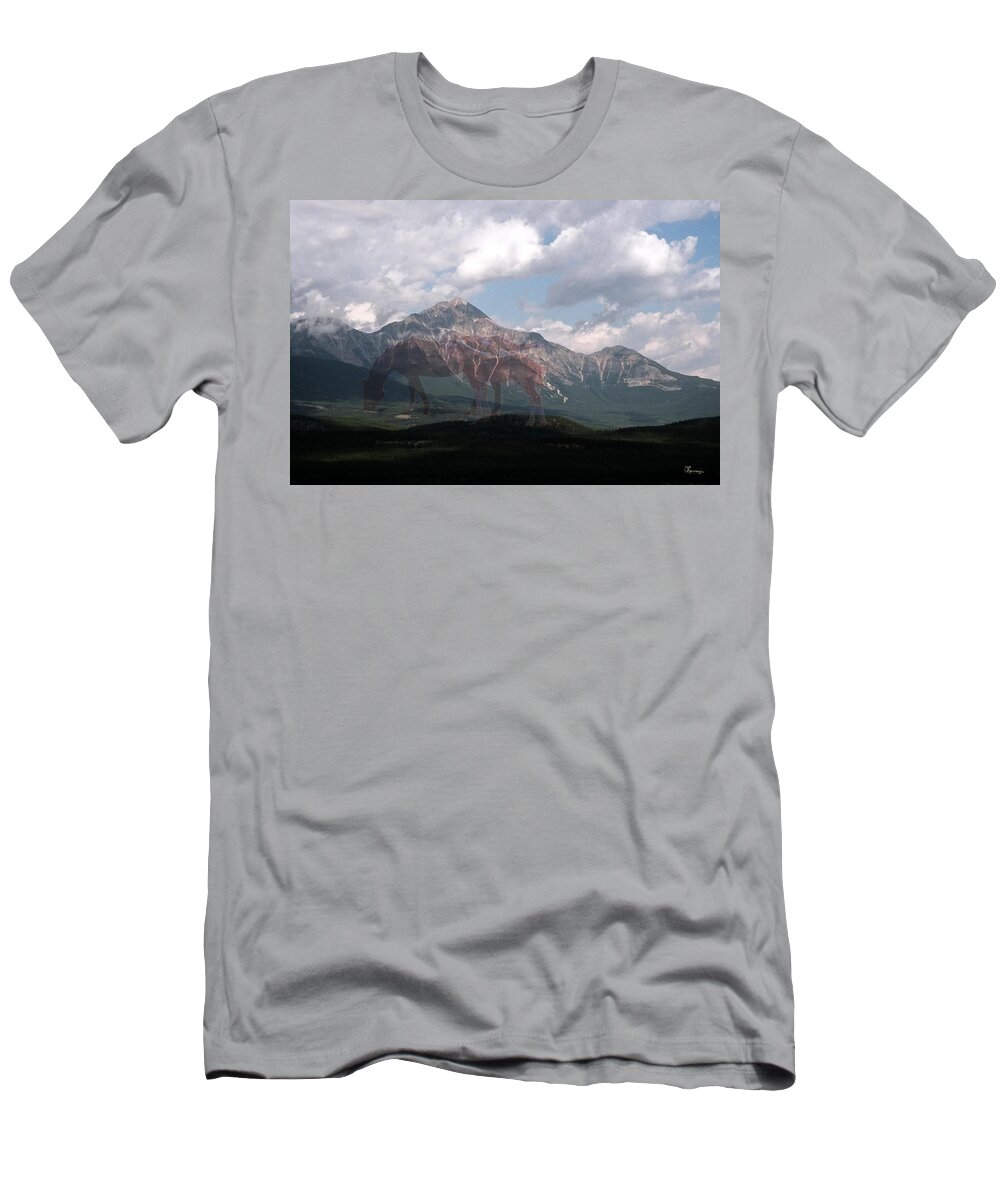 Mountain Mare Colt Horse Sky Clouds Grass Image Mirage Scenery Animal Artwork Mane Tail Quarter Horse Paint Appaloosa Digital Photo Art Weird Picture Imagination T-Shirt featuring the photograph Once by Andrea Lawrence