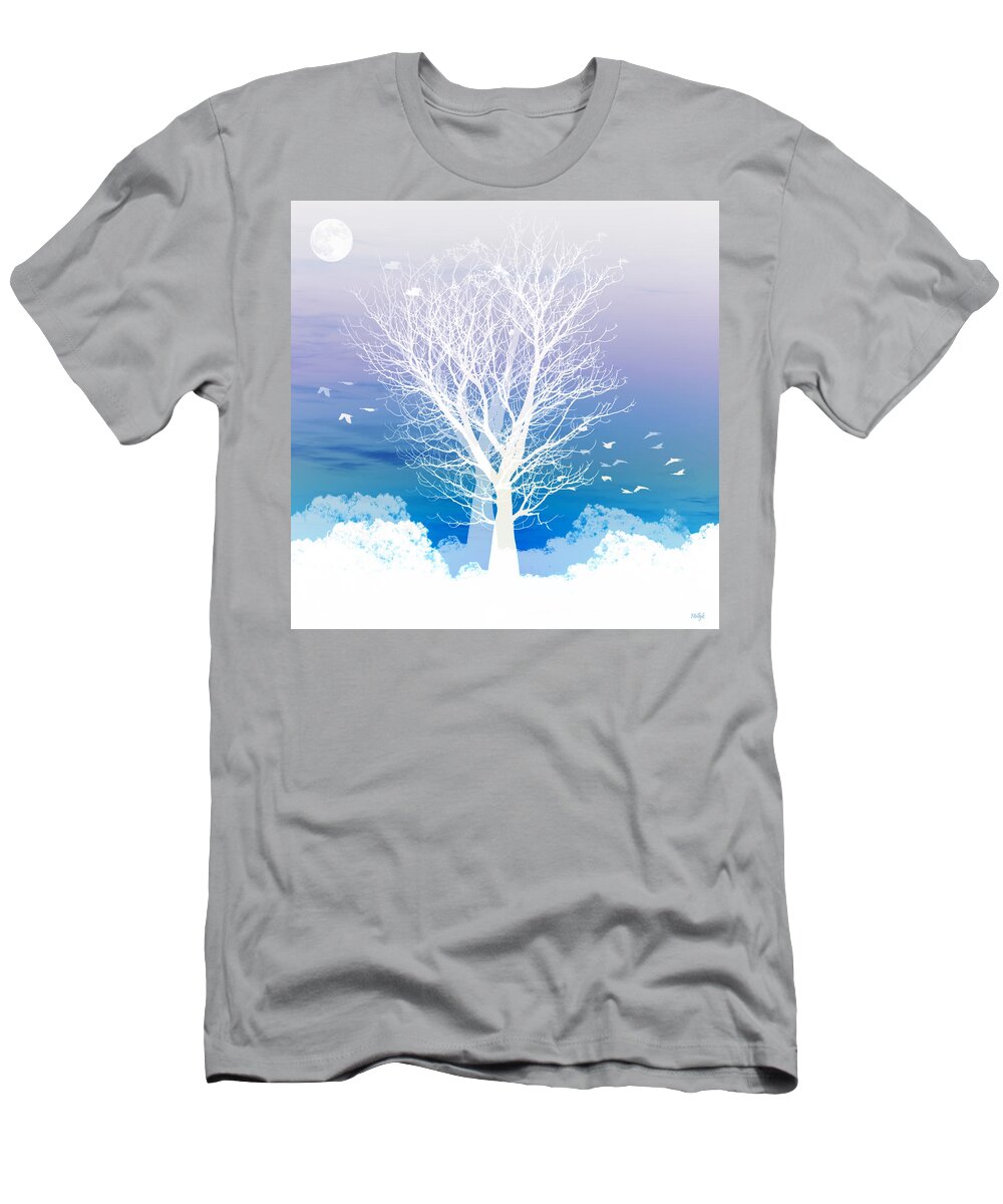 Tree Blue Moon Purple Birds Flying Square Boab Negative Abstract Landscapes Fantasy T-Shirt featuring the photograph Once upon a moon lit night... by Holly Kempe