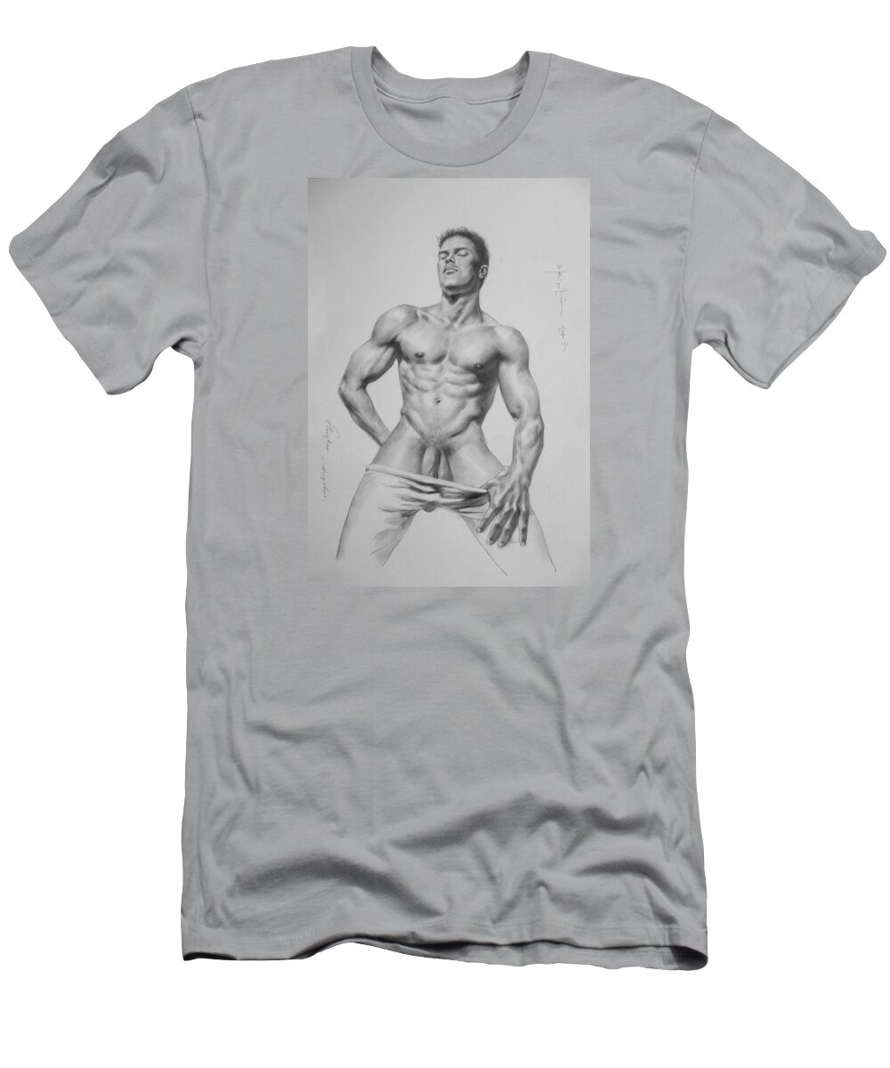 Originalo Art T-Shirt featuring the painting Original Drawing Sketch Charcoal Chalk Male Nude Gay Man Art Pencil On Paper By Hongtao-0022 by Hongtao Huang