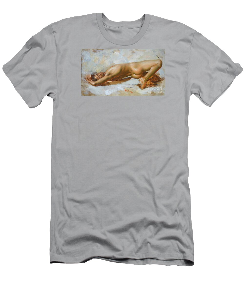 Male Nude T-Shirt featuring the painting Original Oil Painting Gay Man Body Art-male Nude Lying On The Floor-016 by Hongtao Huang