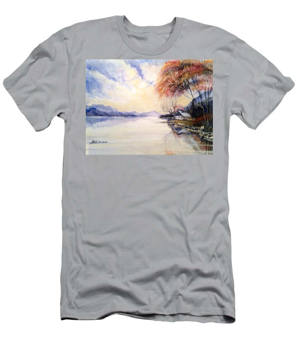 Landscape T-Shirt featuring the painting Peacefull Lake Sunset by Alban Dizdari