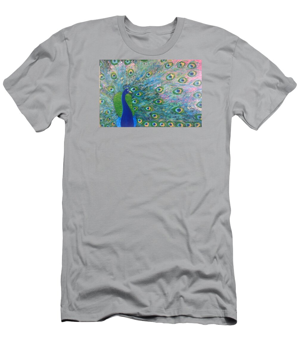 Peacock T-Shirt featuring the painting Peacock Proper Peacock by Helene Thomason