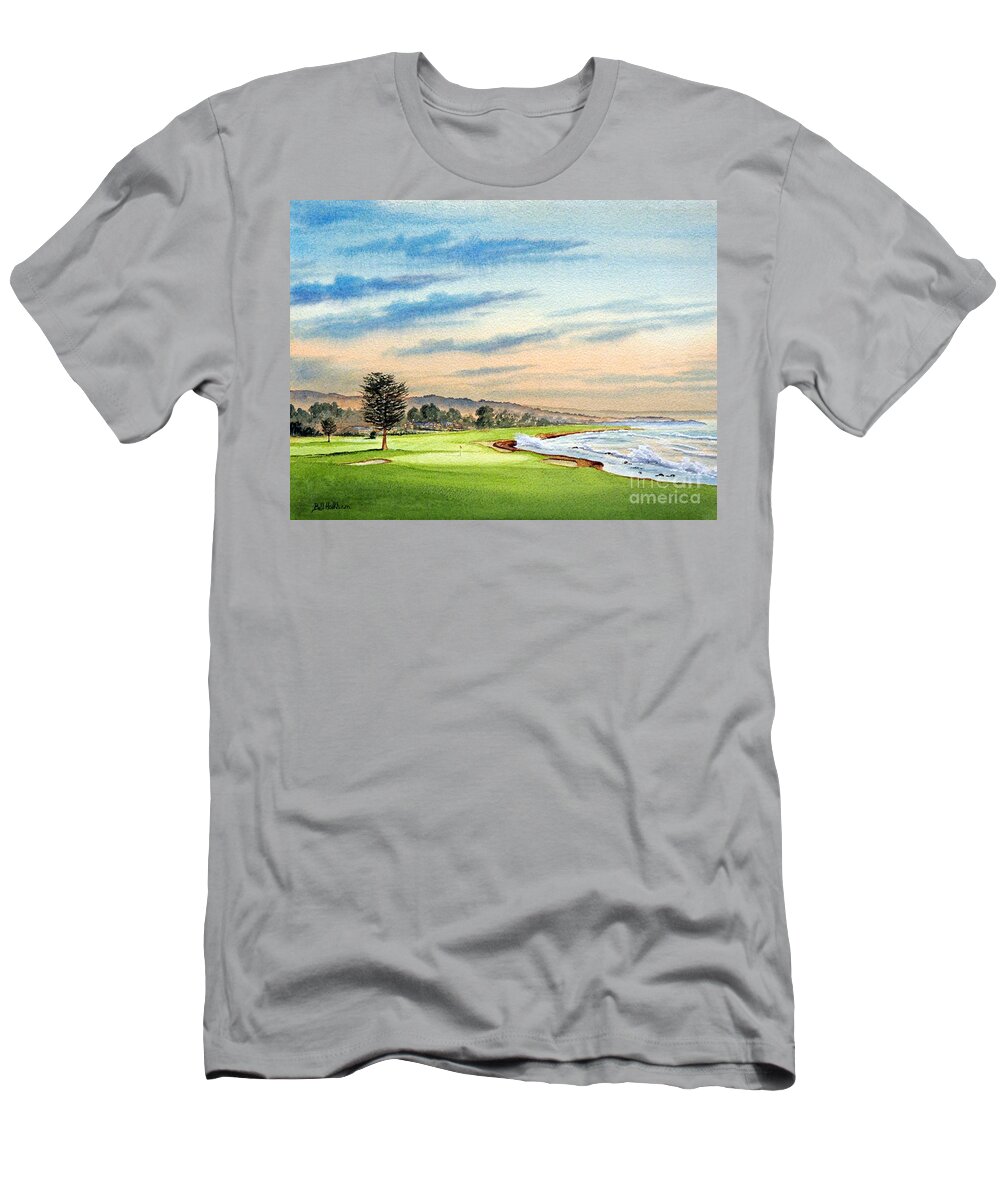 Pebble Beach Golf Course T-Shirt featuring the painting Pebble Beach Golf Course 18Th Hole by Bill Holkham