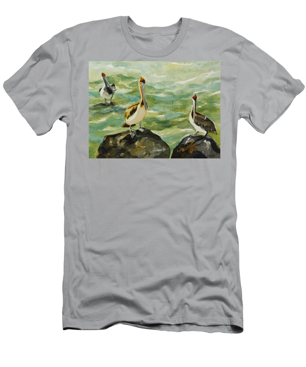 Original Watercolors T-Shirt featuring the painting Pelicans by Julianne Felton 9-30-13 by Julianne Felton