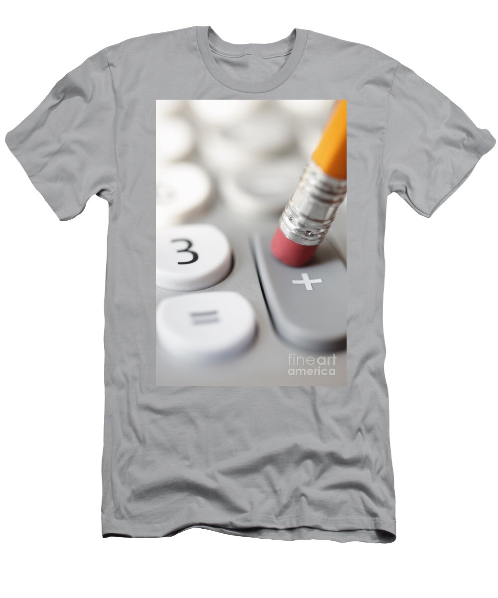 Accounting T-Shirt featuring the photograph Pencil pushing addition button on calculator by Bryan Mullennix