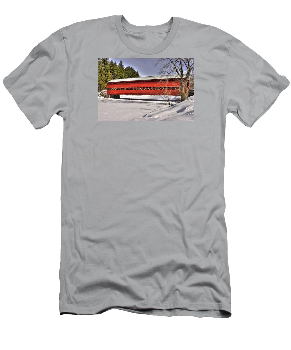 Sachs Covered Bridge T-Shirt featuring the photograph Pennsylvania Country Roads - Sachs Covered Bridge Over Marsh Creek B1 - Adams County Winter by Michael Mazaika