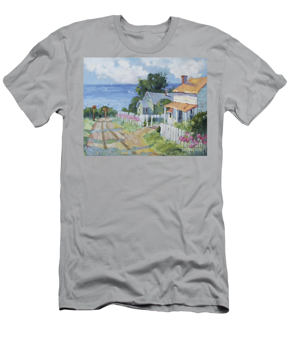 Impressionist T-Shirt featuring the painting Pink Lady Lilies by the Sea by Joyce Hicks by Joyce Hicks