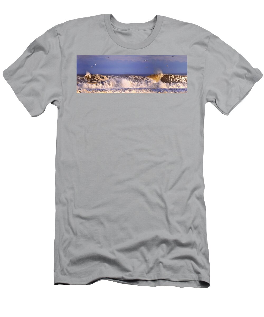 Plum Island T-Shirt featuring the mixed media Plum Island Waves by John Brown