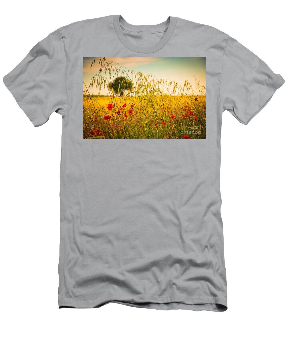 Field T-Shirt featuring the photograph Poppies with tree in the distance by Silvia Ganora