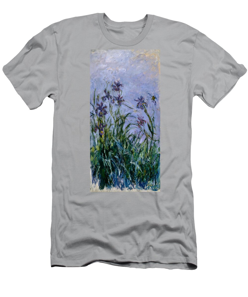 Purple T-Shirt featuring the painting Purple Irises by Claude Monet