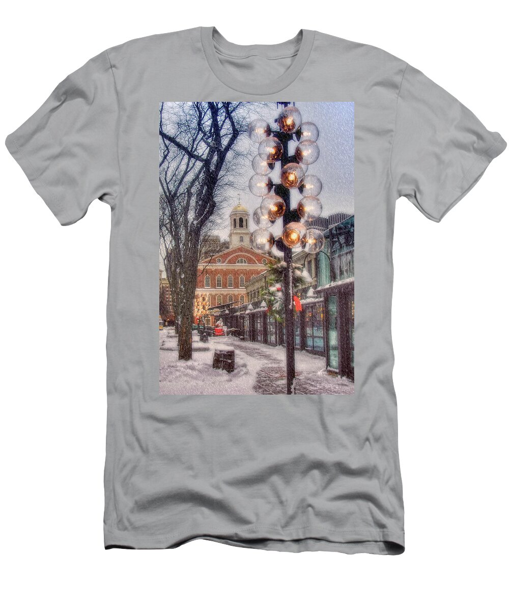 Quincy Market T-Shirt featuring the photograph Quincy Market Flurries by Joann Vitali