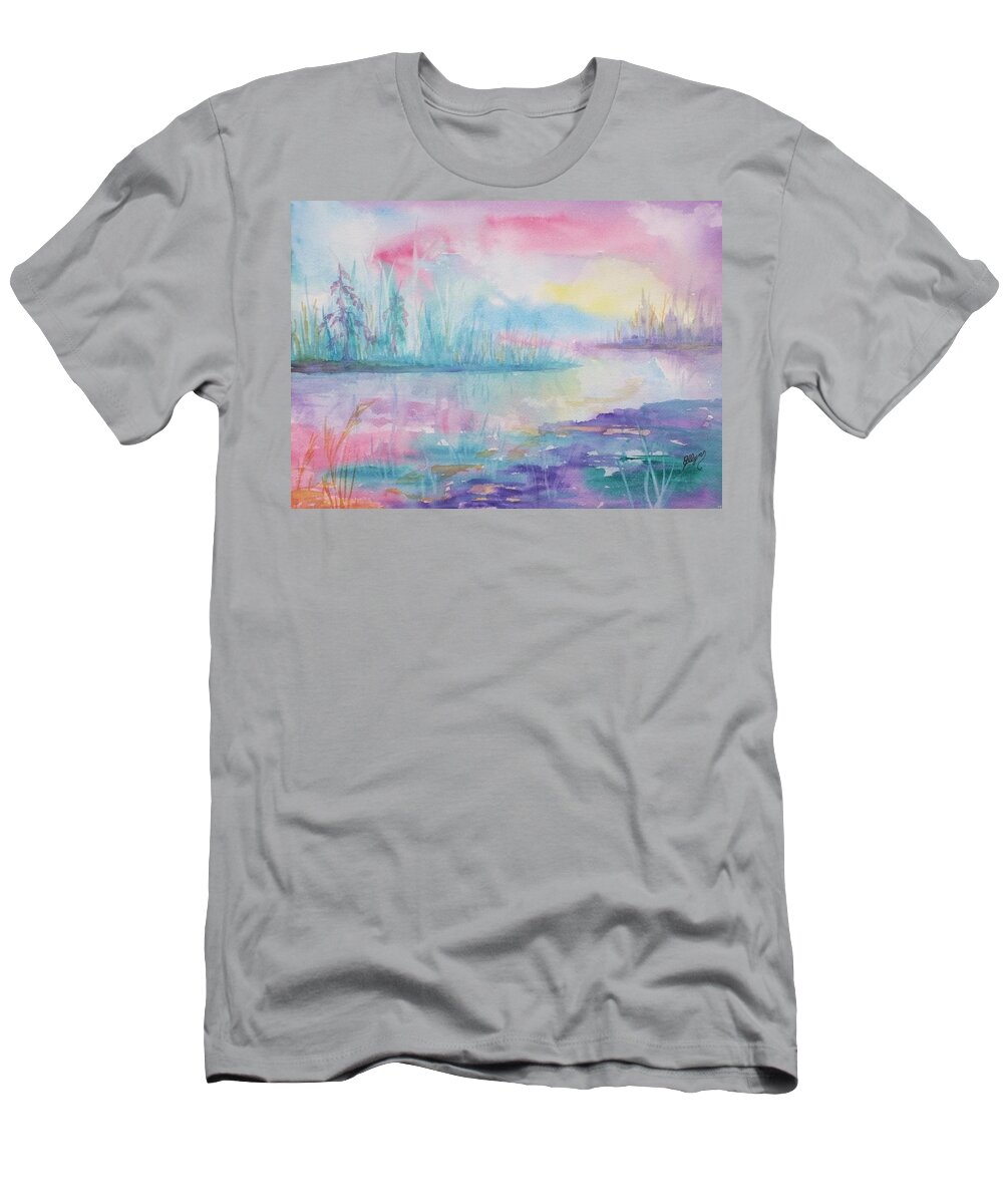 Sunrise T-Shirt featuring the painting Rainbow Dawn by Ellen Levinson