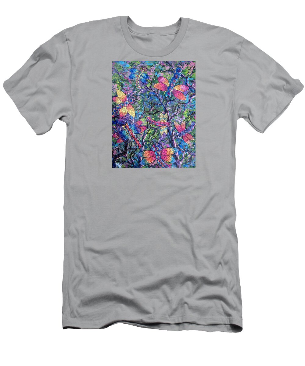 Dragon Flies T-Shirt featuring the painting Rainbow dragons by Megan Walsh