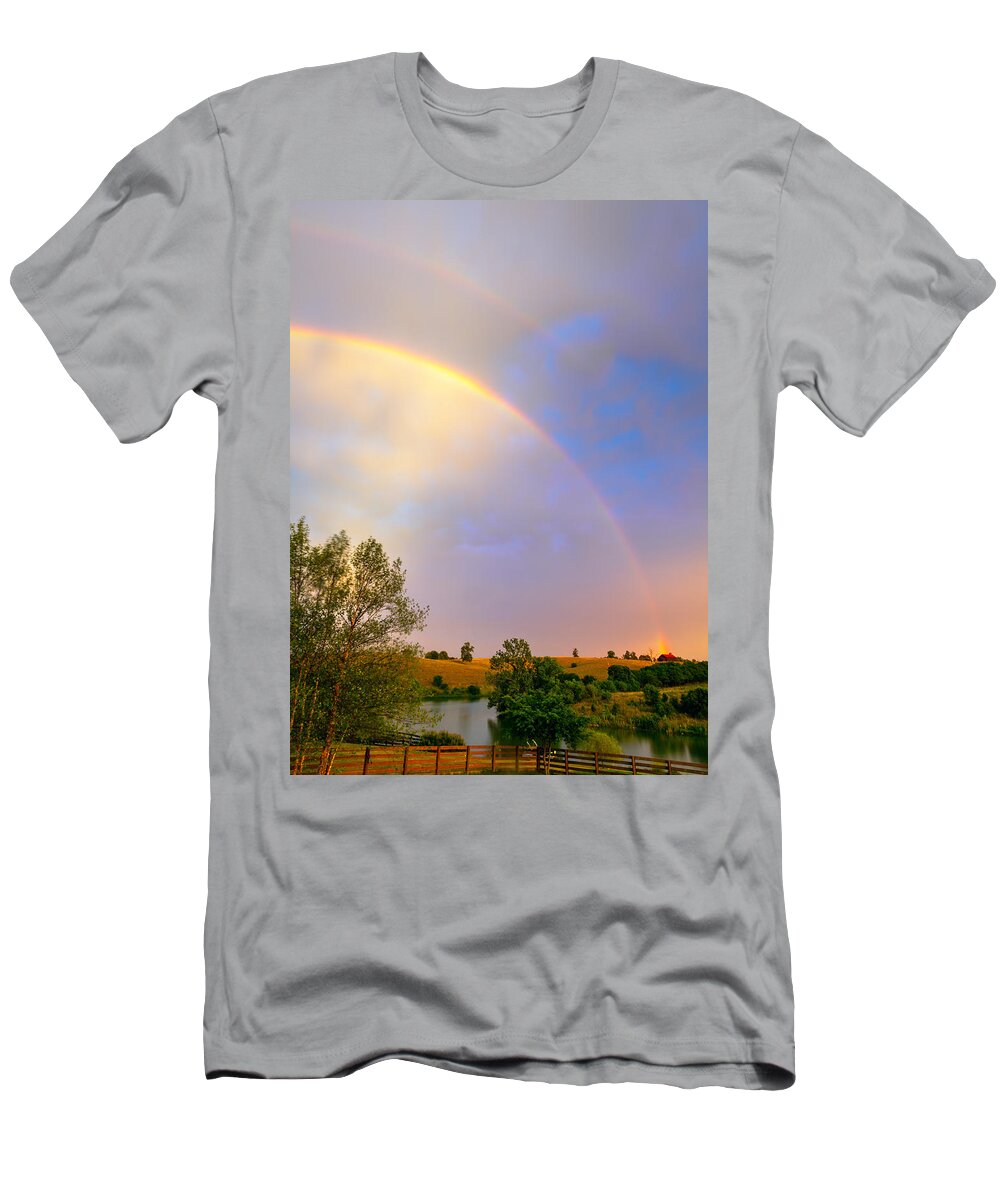 Rainbow T-Shirt featuring the photograph Rainbow over the farm by Alexey Stiop