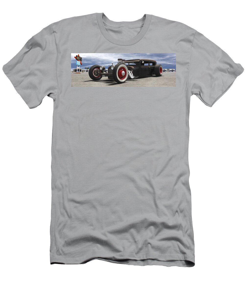 Transportation T-Shirt featuring the photograph Rat Rod on Route 66 Panoramic by Mike McGlothlen