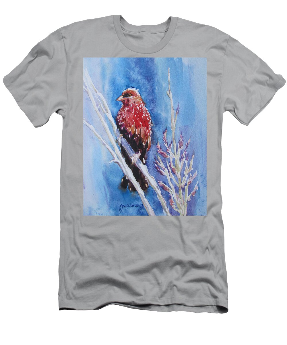 Bird T-Shirt featuring the painting The Red Bird with pink flowers by Jyotika Shroff