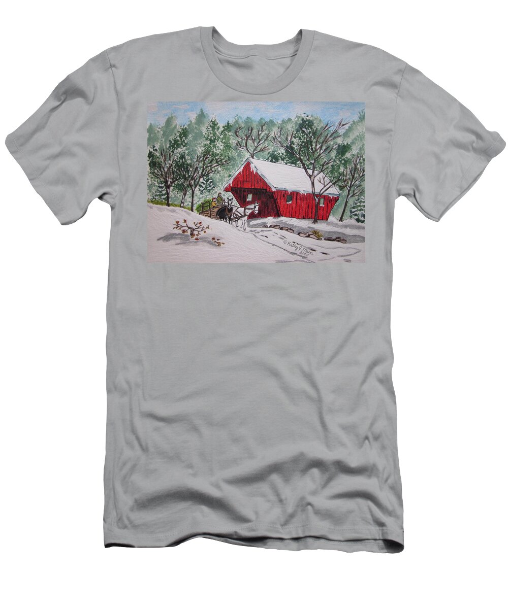 Red Covered Bridge T-Shirt featuring the painting Red Covered Bridge Christmas by Kathy Marrs Chandler