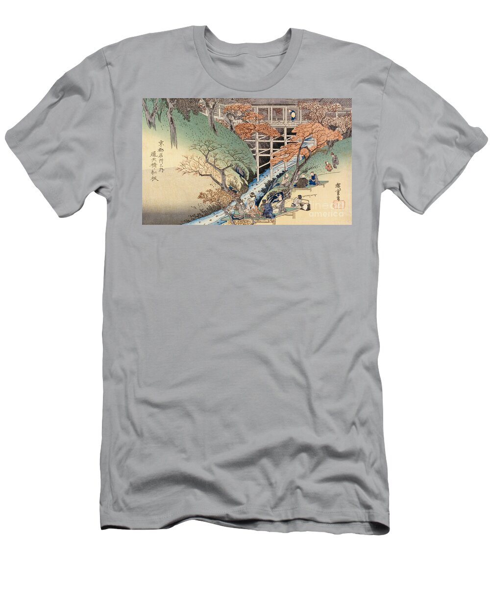 Riverbank T-Shirt featuring the painting Red Maple Leaves at Tsuten Bridge by Ando Hiroshige