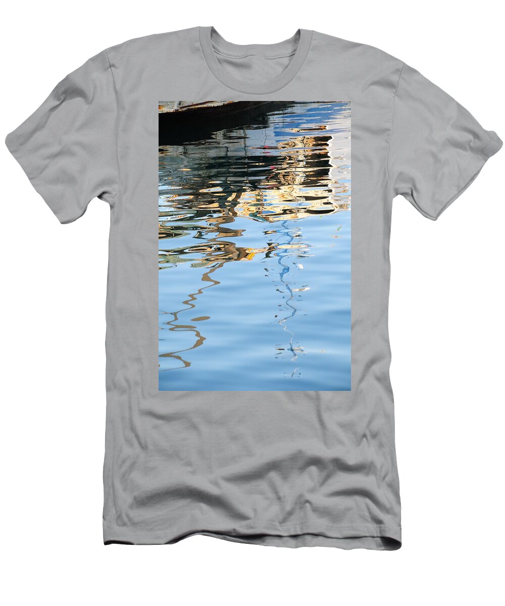 Water Italy Reflections Boats White Blue T-Shirt featuring the photograph Reflections - white by Susie Rieple