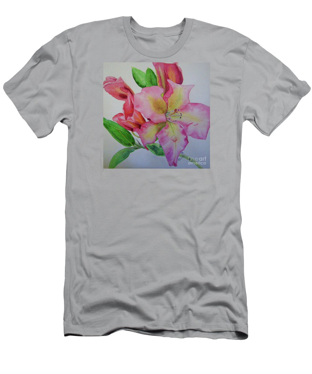 Pink Flower T-Shirt featuring the painting Rhodie with Dew I by Lynn Quinn
