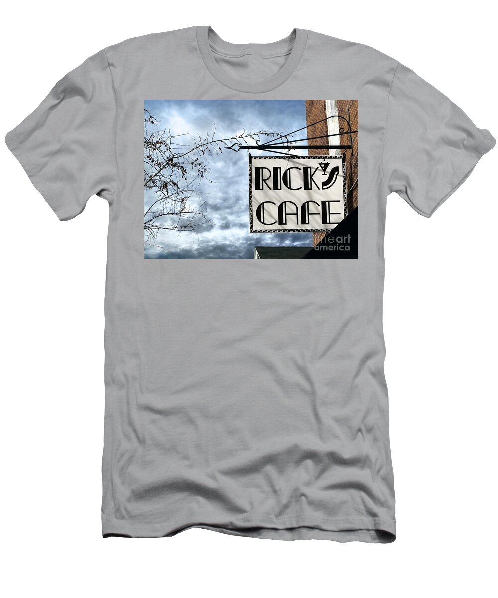 Streetscape T-Shirt featuring the photograph Ricks Cafe by Ellen Cotton
