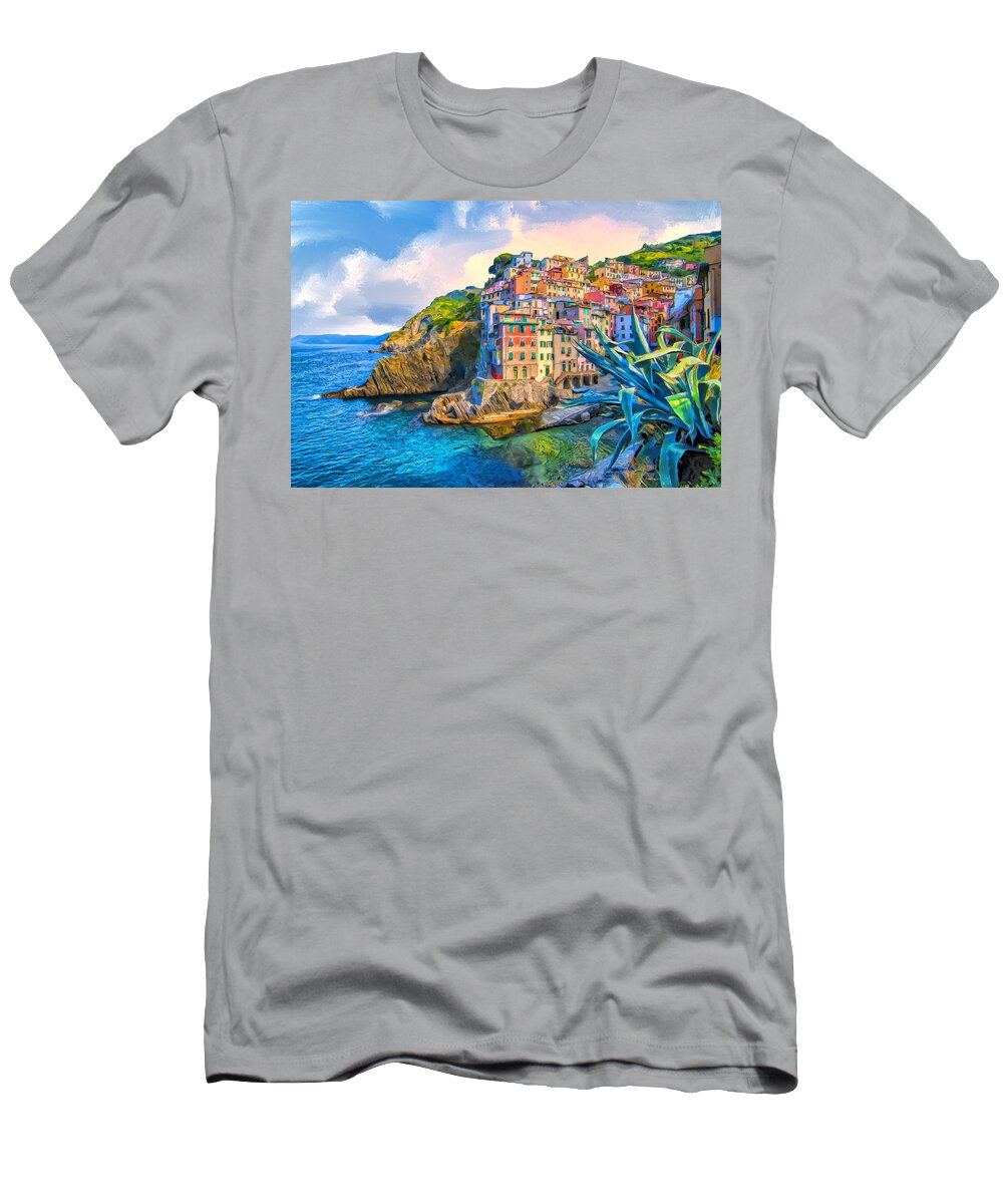 Italy T-Shirt featuring the painting Riomaggiore Morning - Cinque Terre by Dominic Piperata