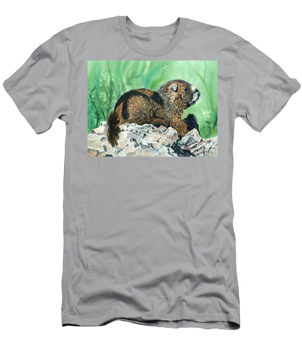Marmot T-Shirt featuring the painting RMBL Marmot by Barbara Jewell