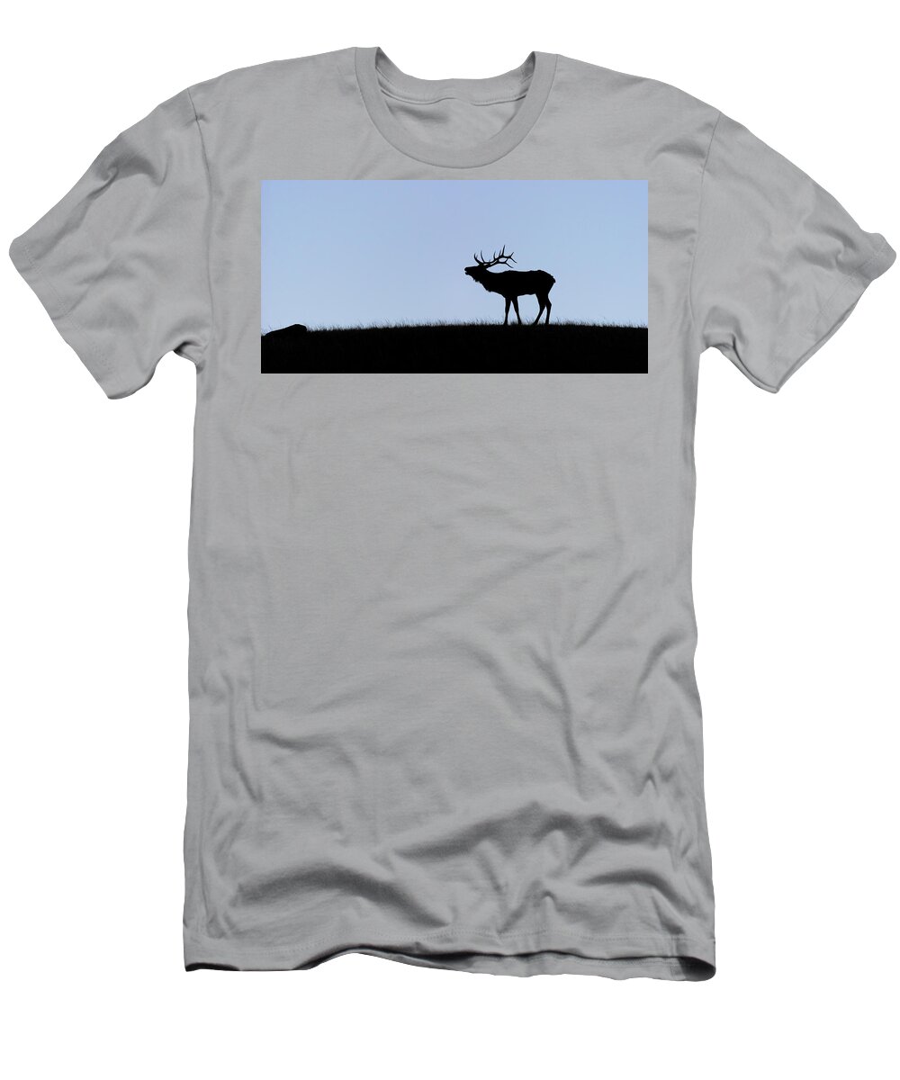 Bull T-Shirt featuring the photograph Rocky Mountain Bull elk silhouette by Gary Langley