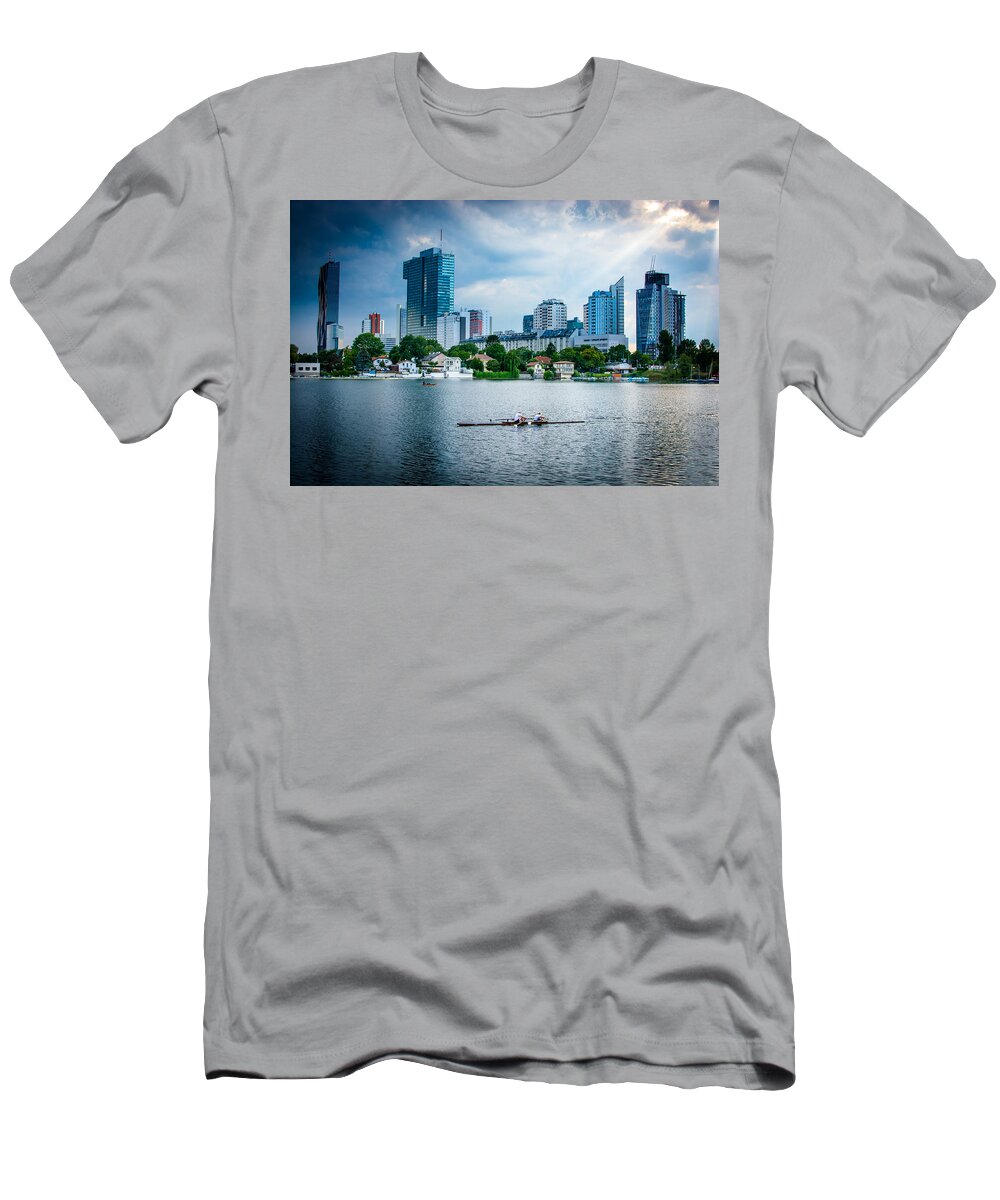 Skyline T-Shirt featuring the photograph Rowing Boat And The Skyline Of Vienna by Andreas Berthold