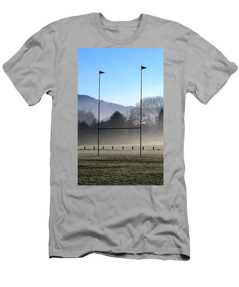 Mist Frost Park Goalpost Rugby Pitch Field Hills Winter Sun Cold Morning Sunrise Flags League Union Try Scrum Conversion All Blacks T-Shirt featuring the photograph Rugby season by Guy Pettingell