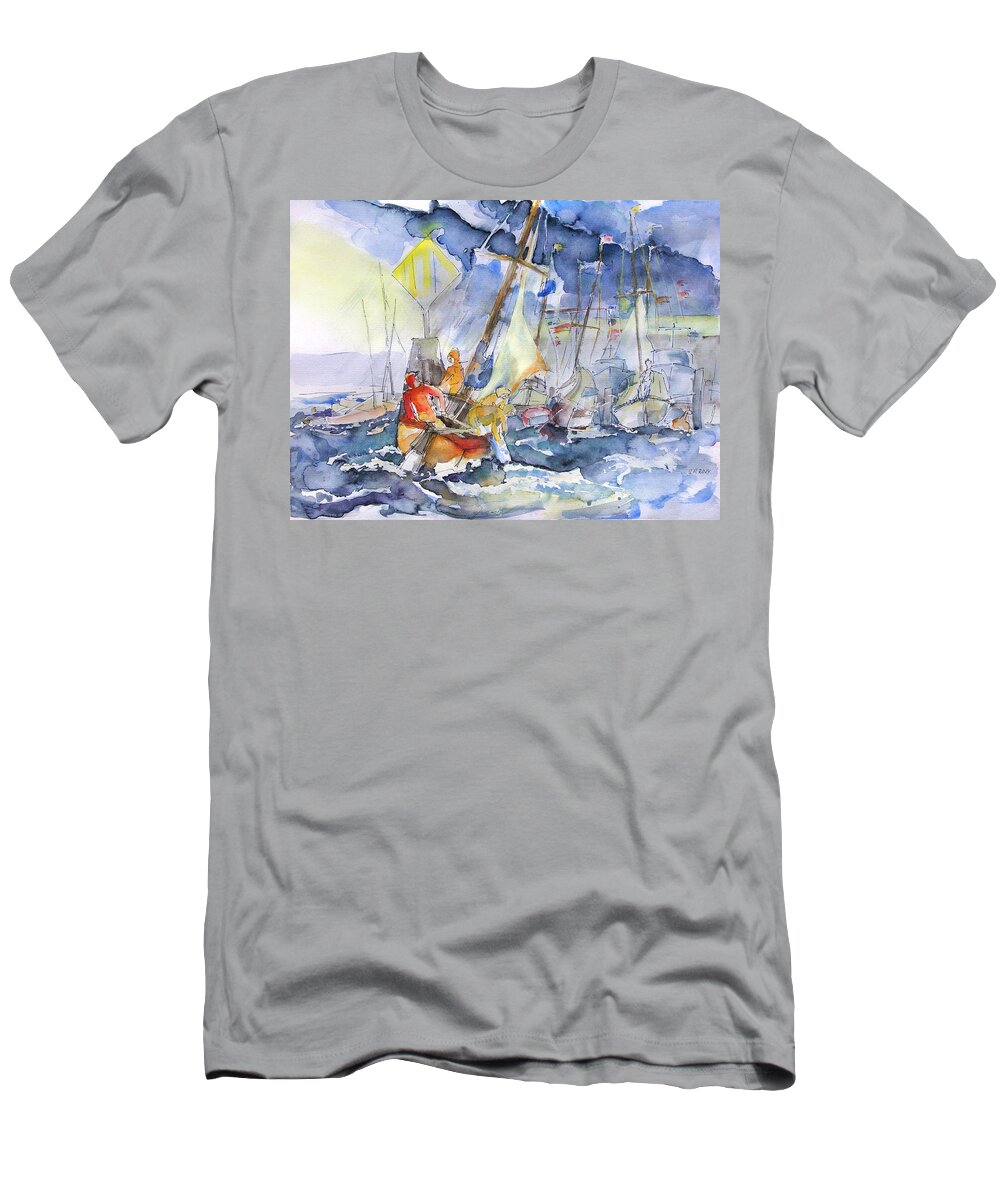 Regatta T-Shirt featuring the painting Safe And Sound Back At The Port by Barbara Pommerenke