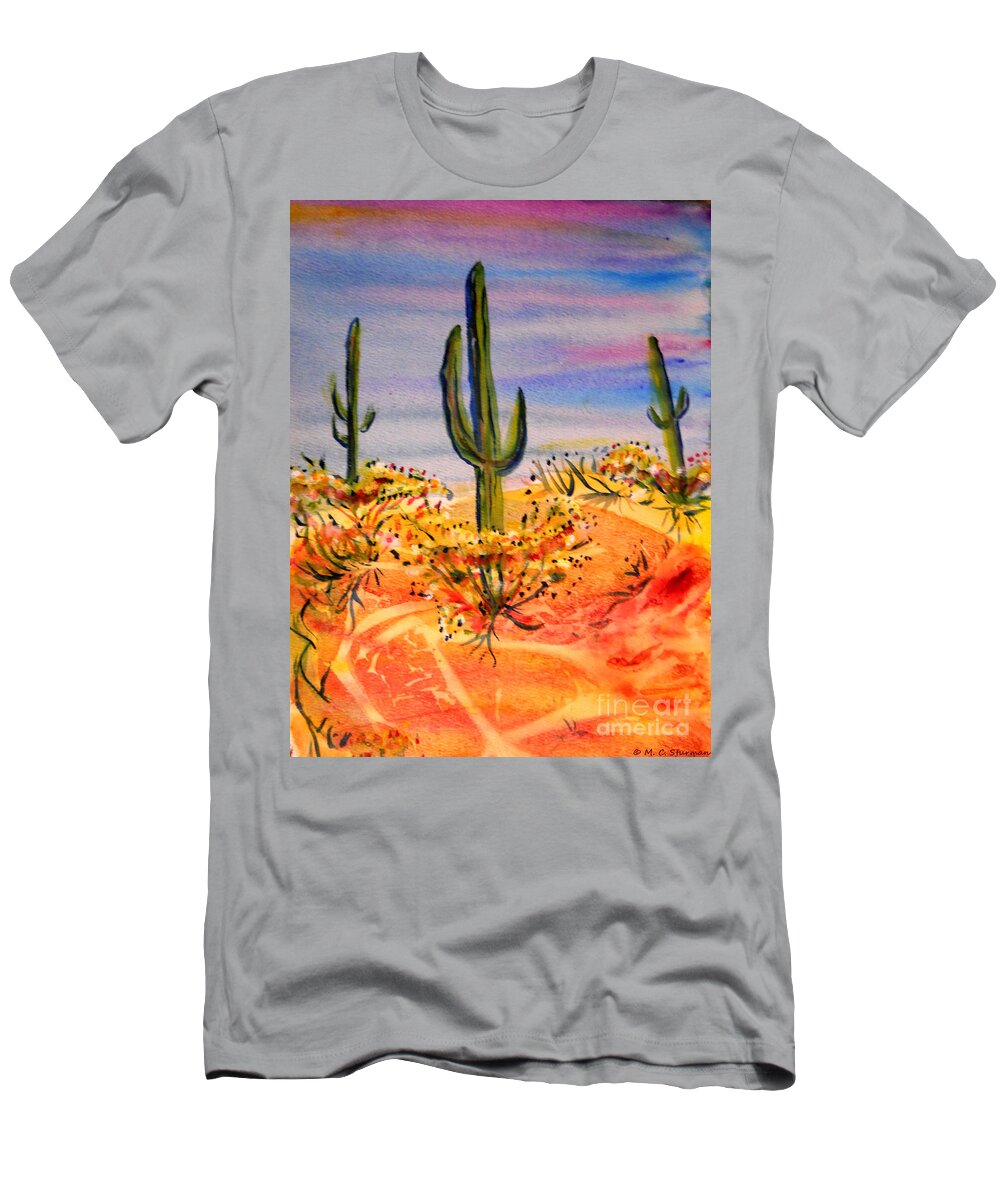 Desert T-Shirt featuring the painting Saguaro Cactus Desert Landscape by M c Sturman