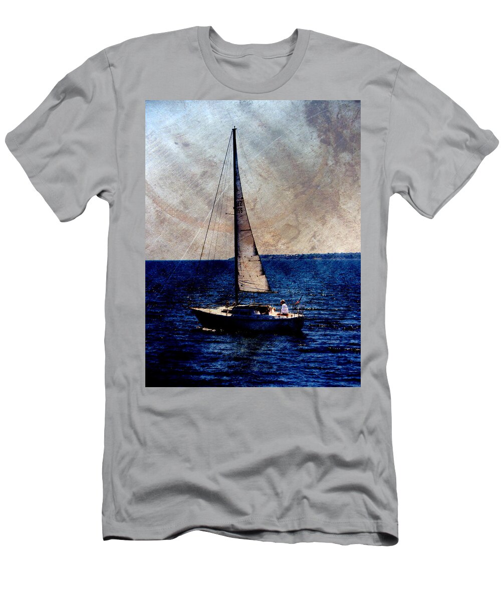 Lake Michigan T-Shirt featuring the digital art Sailboat Slow w metal by Anita Burgermeister