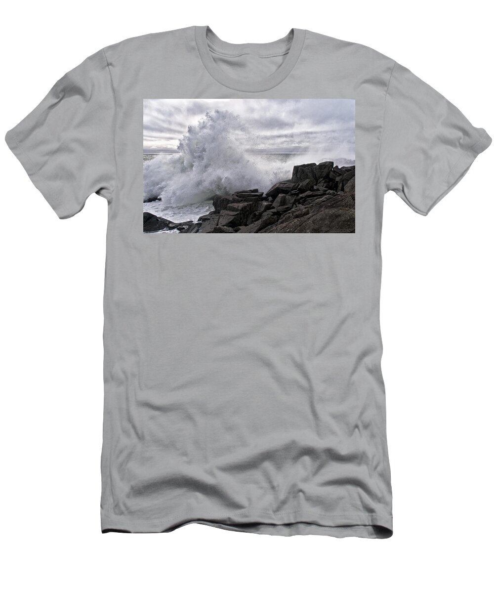 Hurricane Sandy T-Shirt featuring the photograph Sandy's Crashing Surf at Quoddy Head State Park by Marty Saccone