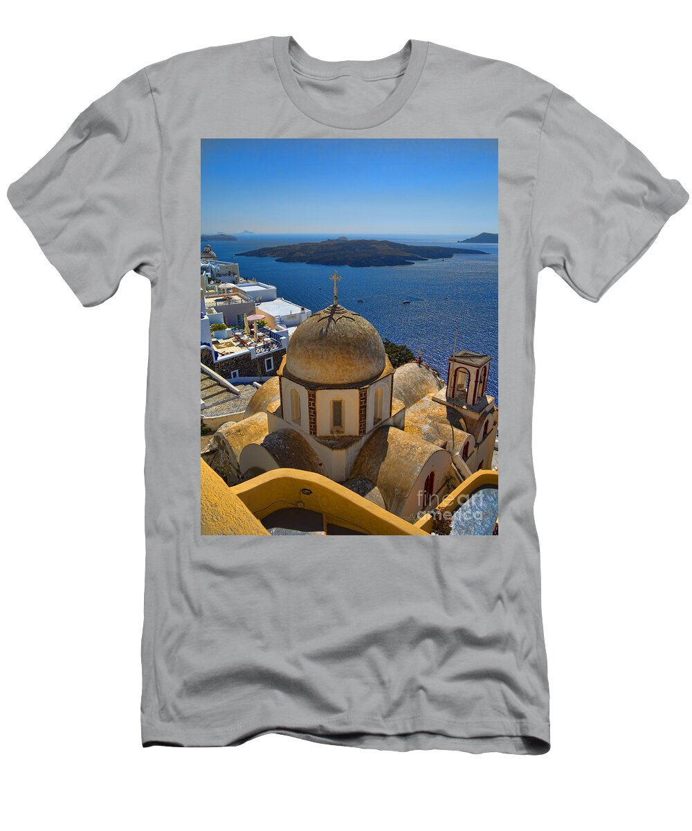 Santorini T-Shirt featuring the photograph Santorini Caldera with Church and Thira Village by David Smith