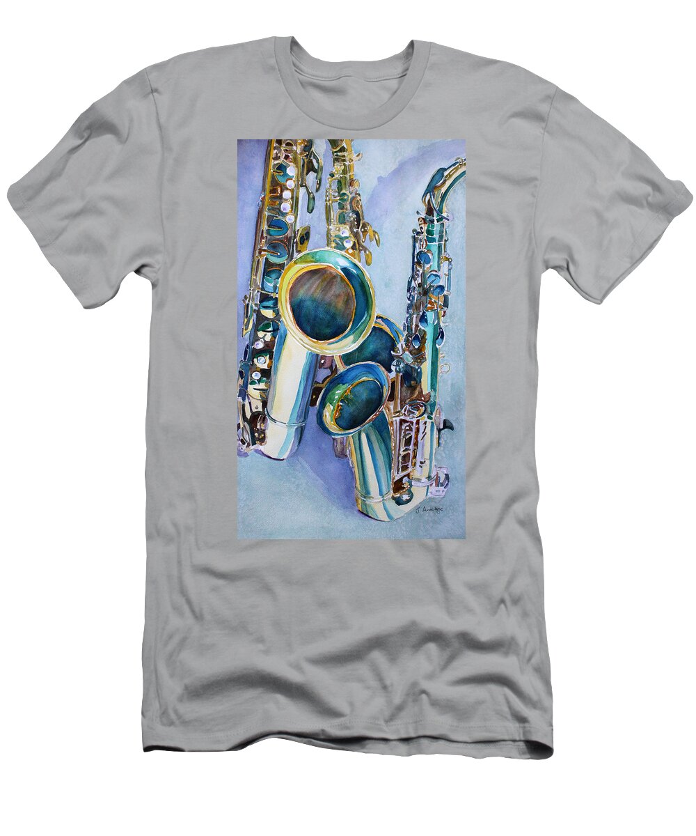 Sax T-Shirt featuring the painting Saxy Trio by Jenny Armitage