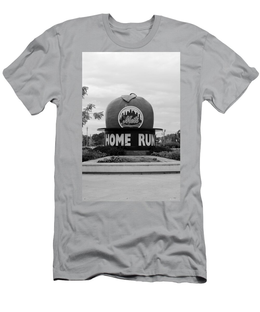 Shea Stadium T-Shirt featuring the photograph SHEA STADIUM HOME RUN APPLE in BLACK AND WHITE by Rob Hans