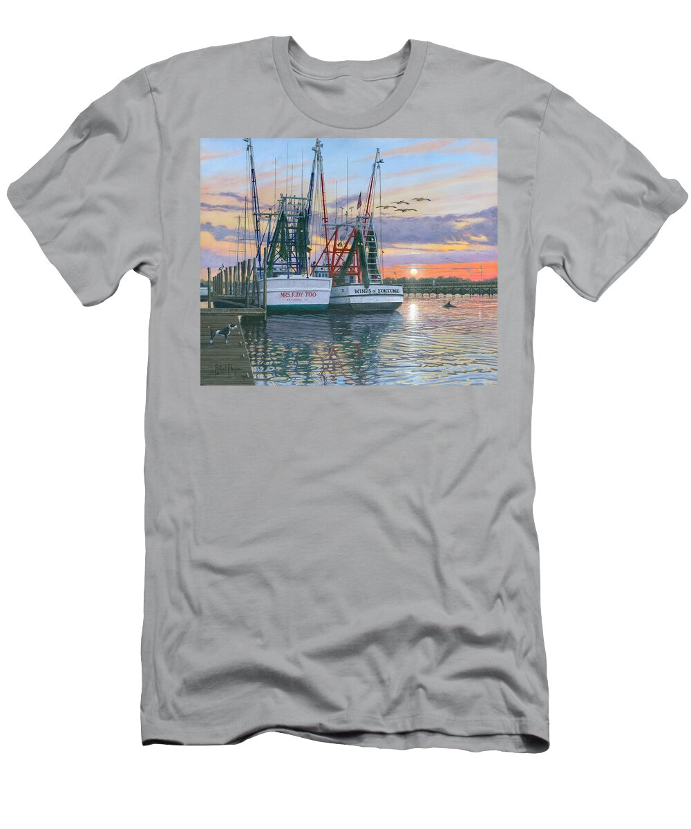 Painting For Sale T-Shirt featuring the painting Shem Creek Shrimpers Charleston by Richard Harpum