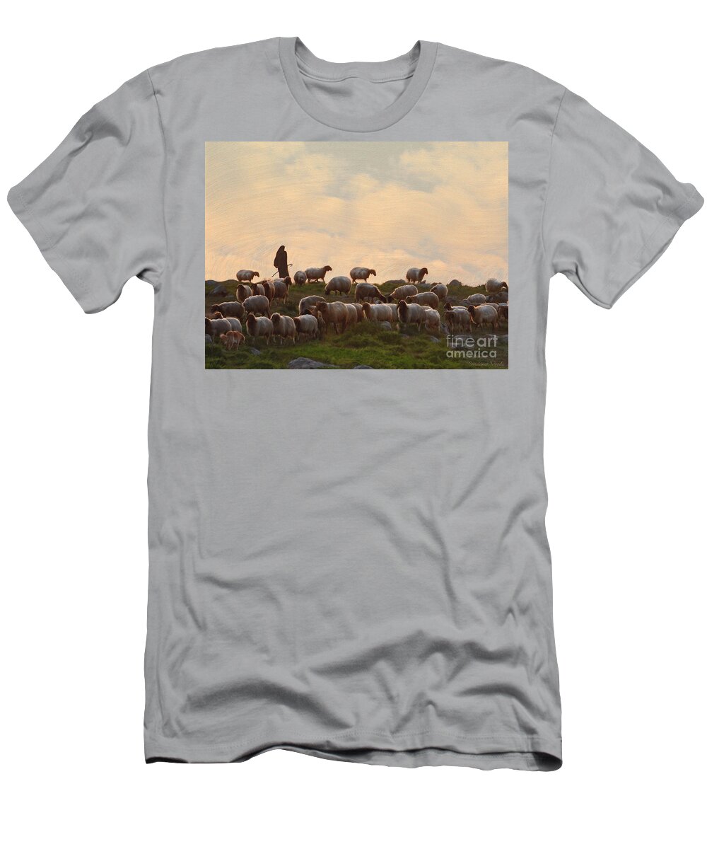 Sheep Art T-Shirt featuring the painting Shepherd With Sheep standard size by Constance Woods