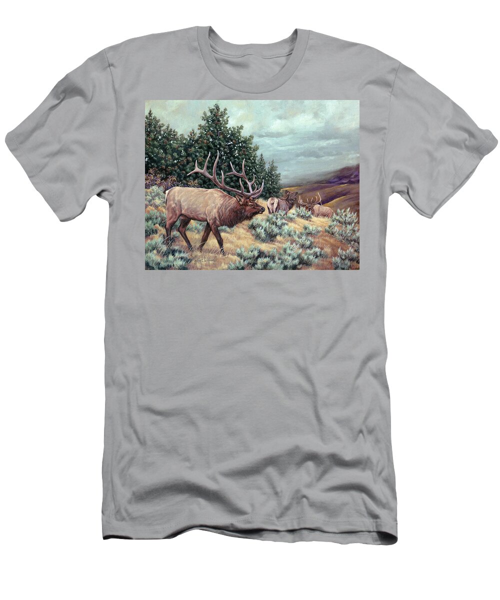 Elk T-Shirt featuring the painting Showdown by Craig Burgwardt