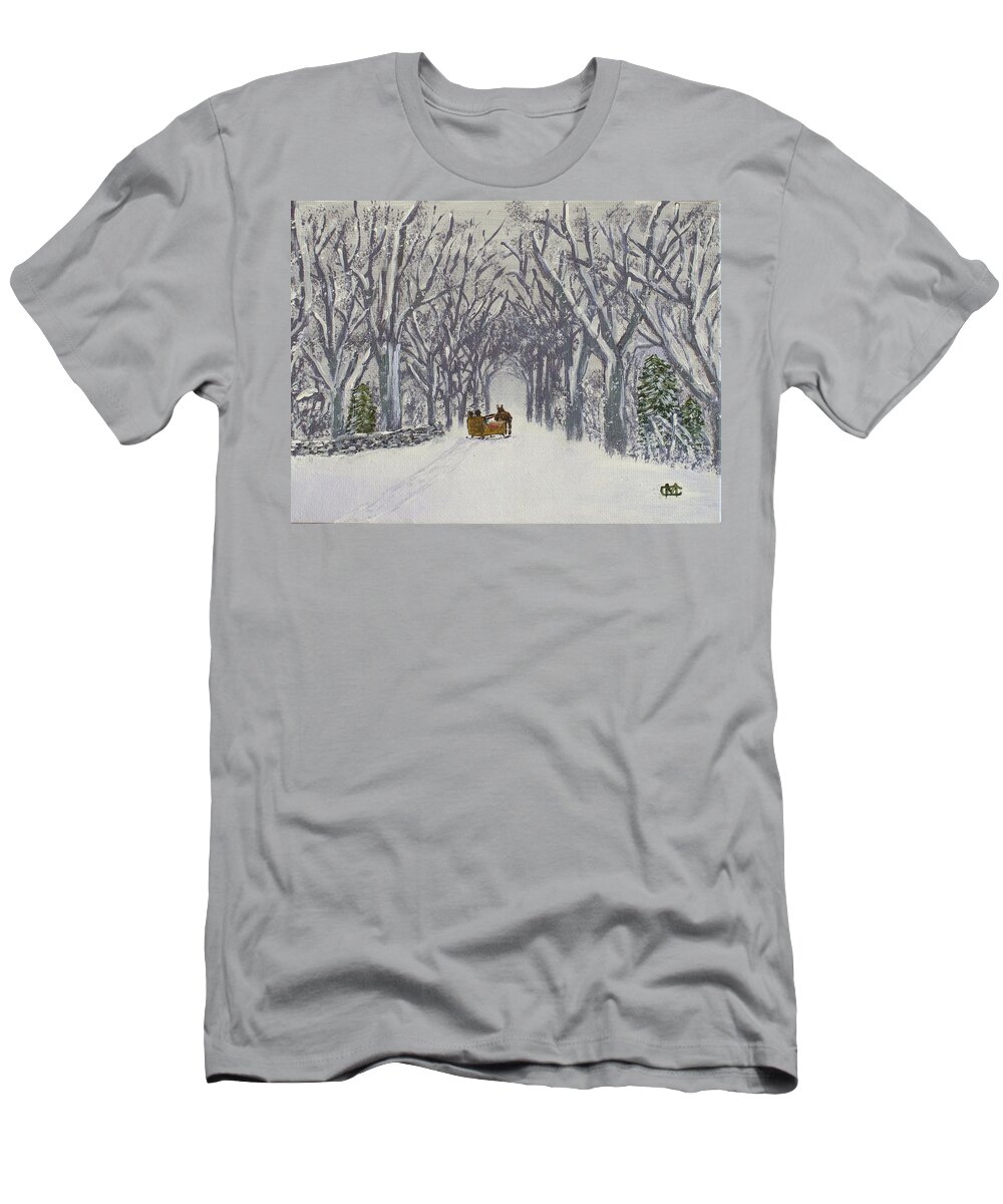 Sleigh With Horse T-Shirt featuring the painting Sleigh Ride Through Time by Cynthia Morgan