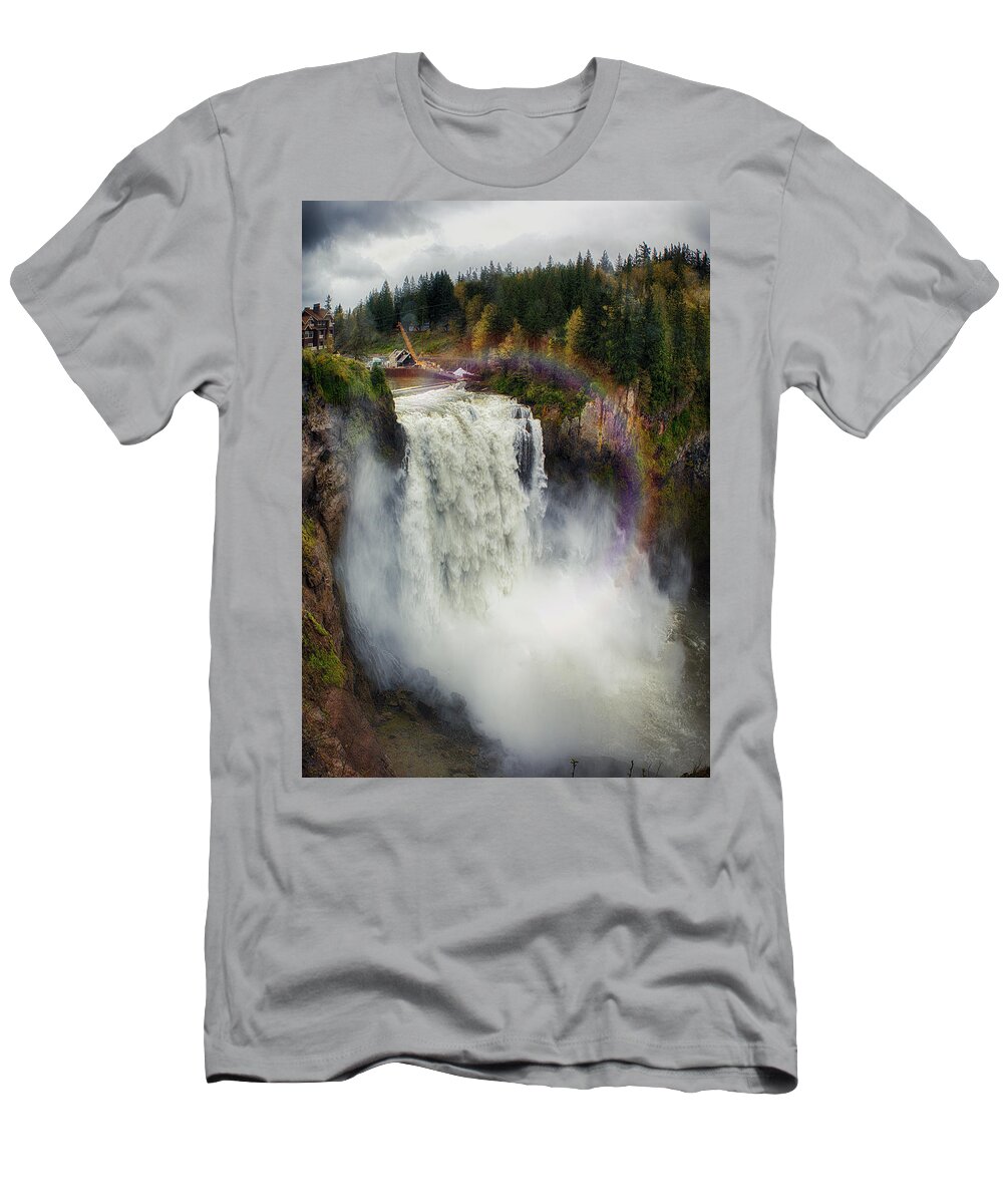 Snoqualmie Falls Washington State 6 Frame Panoramic 3 Exposures Per Frame Hdr T-Shirt featuring the photograph Somewhere Over the Falls by James Heckt