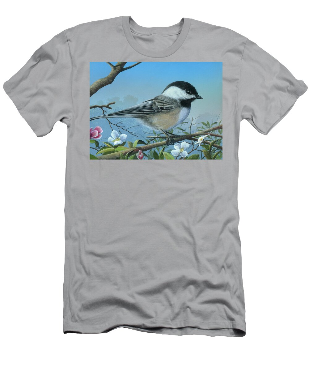 Black-capped Chickadee Painting T-Shirt featuring the painting Sounds of Spring by Mike Brown