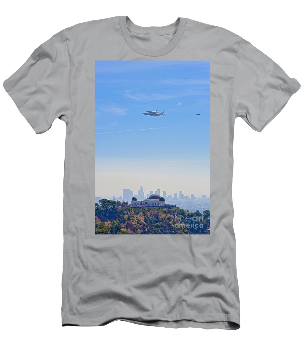 Space Shuttle Endeavour Over Los Angeles Ca T-Shirt featuring the photograph Space shuttle Endeavour and chase planes over the Griffith Observatory by David Zanzinger