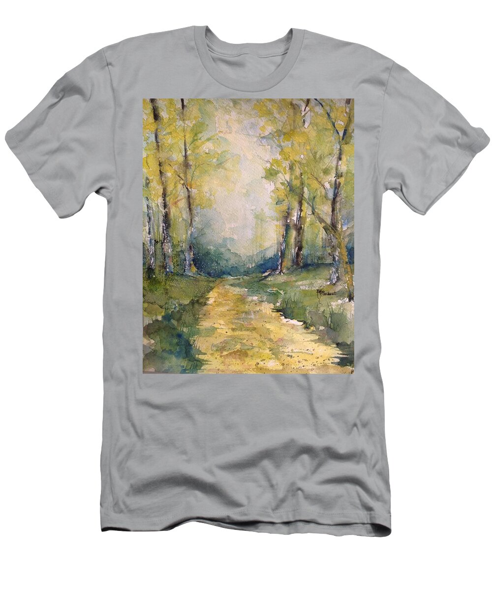 Spring T-Shirt featuring the painting Springtime on the Country Road by Robin Miller-Bookhout